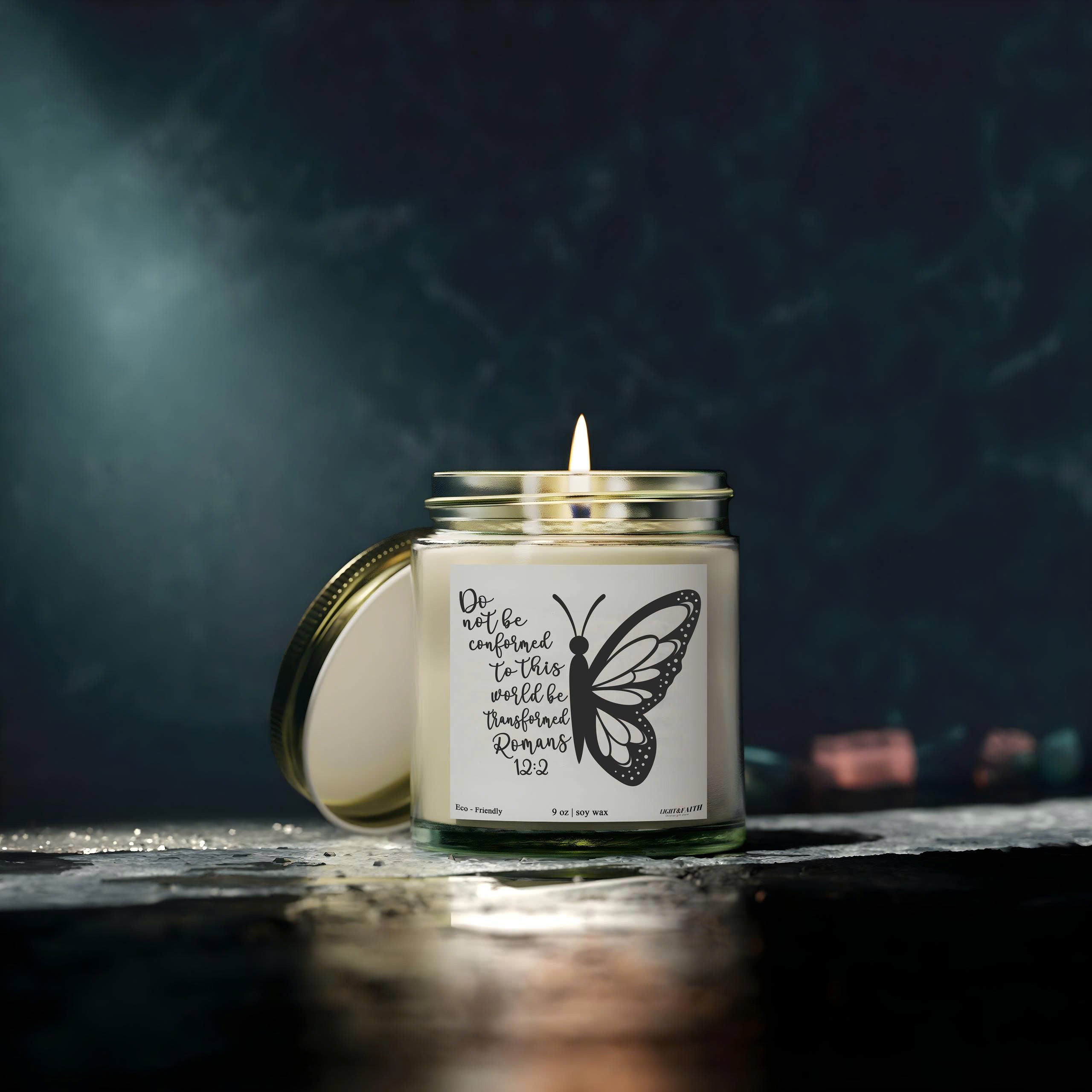 Romans 12:2 Christian Candle, Do Not Be Conformed, Inspirational Bible Verse, Butterfly Design, Uplifting Gift for Spiritual Growth CDLAF23